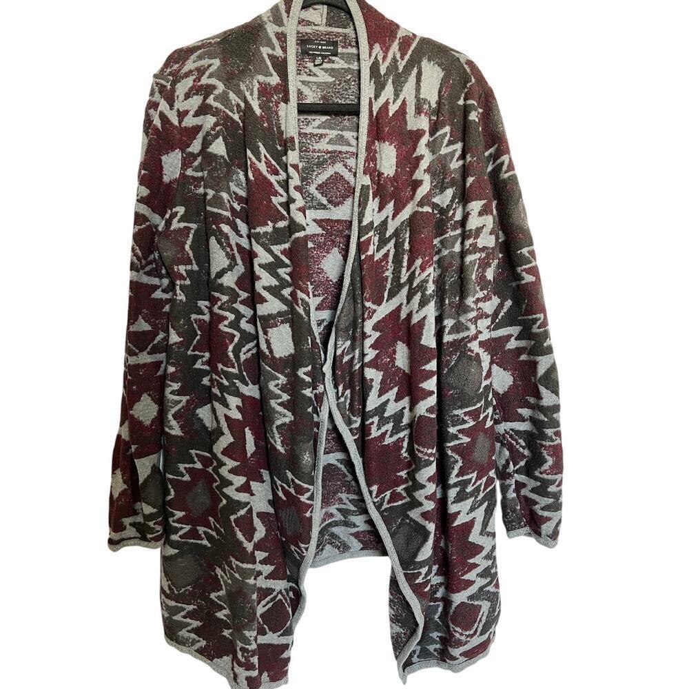 Lucky Brand Aztec Drape Cardigan, Large, Red and Gray, High Low, Southwest